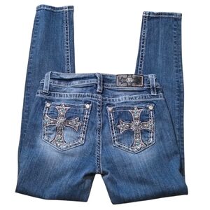 Miss Me Sz 27 Jeans Mid Rise Skinny Turquoise Embellished Cross Pockets